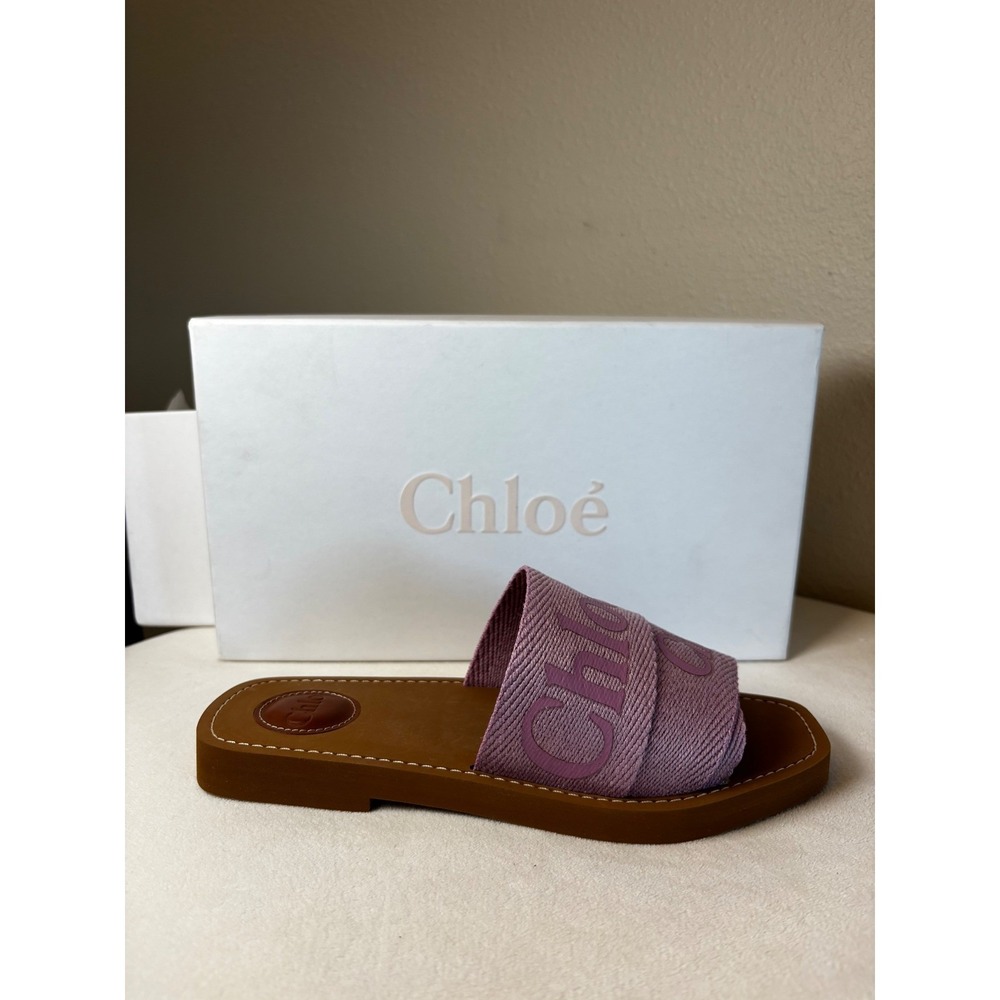 Chloe Woody Flat Slide Sandals Purple Pink Canvas Logo Ribbon Square Toe Italy - Picture 7 of 9
